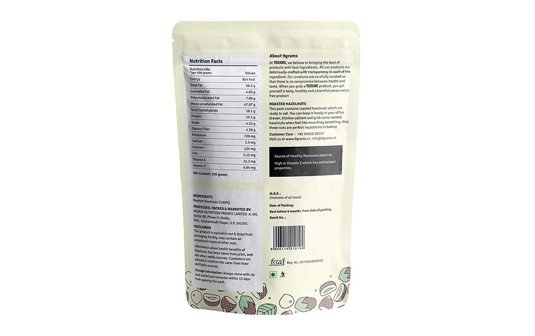 9Grams Healthy Roasted Hazelnuts    Pack  250 grams